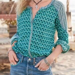 Sundance Long Sleeve Top Turquoise Blue Womens Medium Geometric Boho Bohemian